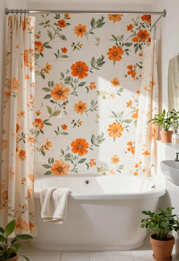 14 Orange Tile Bathroom Ideas With Energetic Colour - 10. Floral Patterns with Orange Accents 1