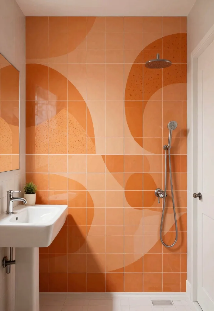 14 Orange Tile Bathroom Ideas With Energetic Colour - 12. Artistic Orange Tile Murals 1