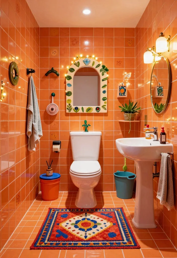 14 Orange Tile Bathroom Ideas With Energetic Colour - 14. Whimsical Orange Bathroom 1