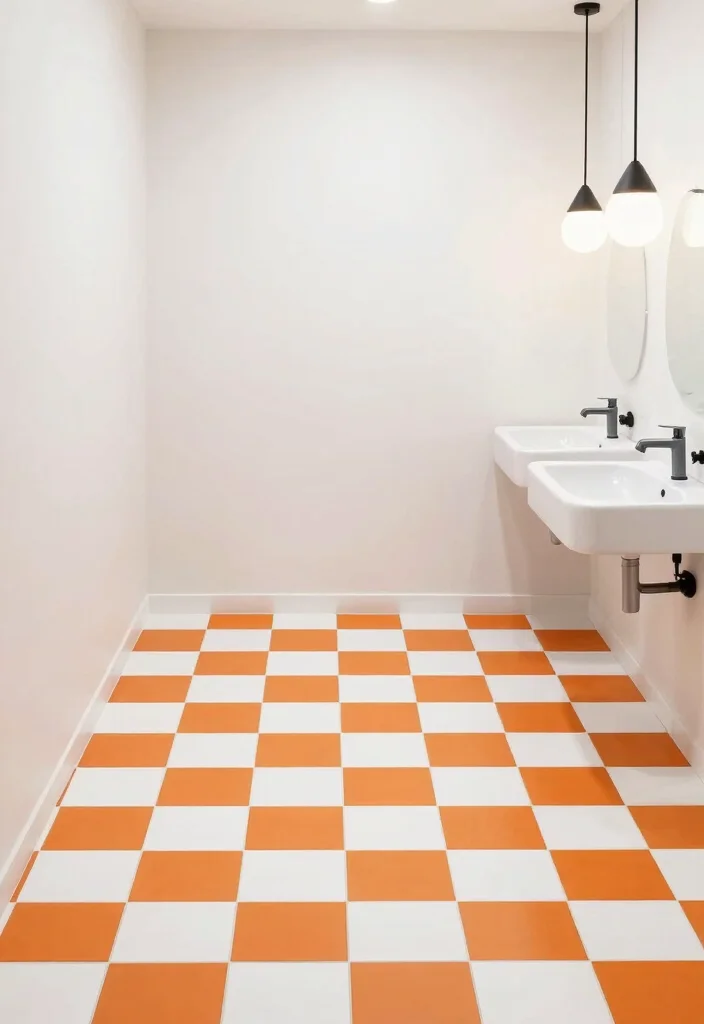 14 Orange Tile Bathroom Ideas With Energetic Colour - 5. Orange and White Checkerboard Delight 1