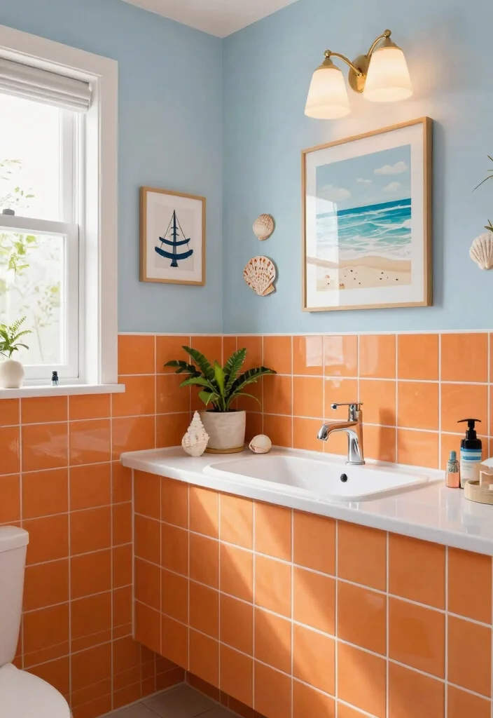 14 Orange Tile Bathroom Ideas With Energetic Colour - 8. Bright and Breezy Coastal Vibe 1