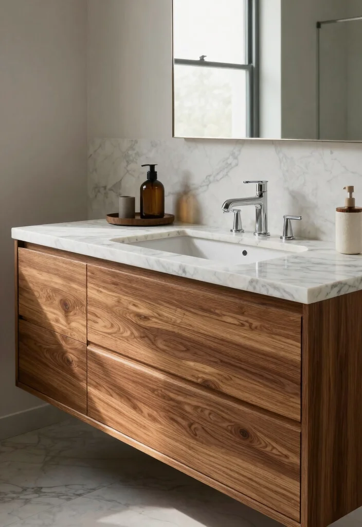 14 Teak Bathroom Vanity Ideas With Natural Texture - 11. Teak Vanity with Natural Stone Countertop 1