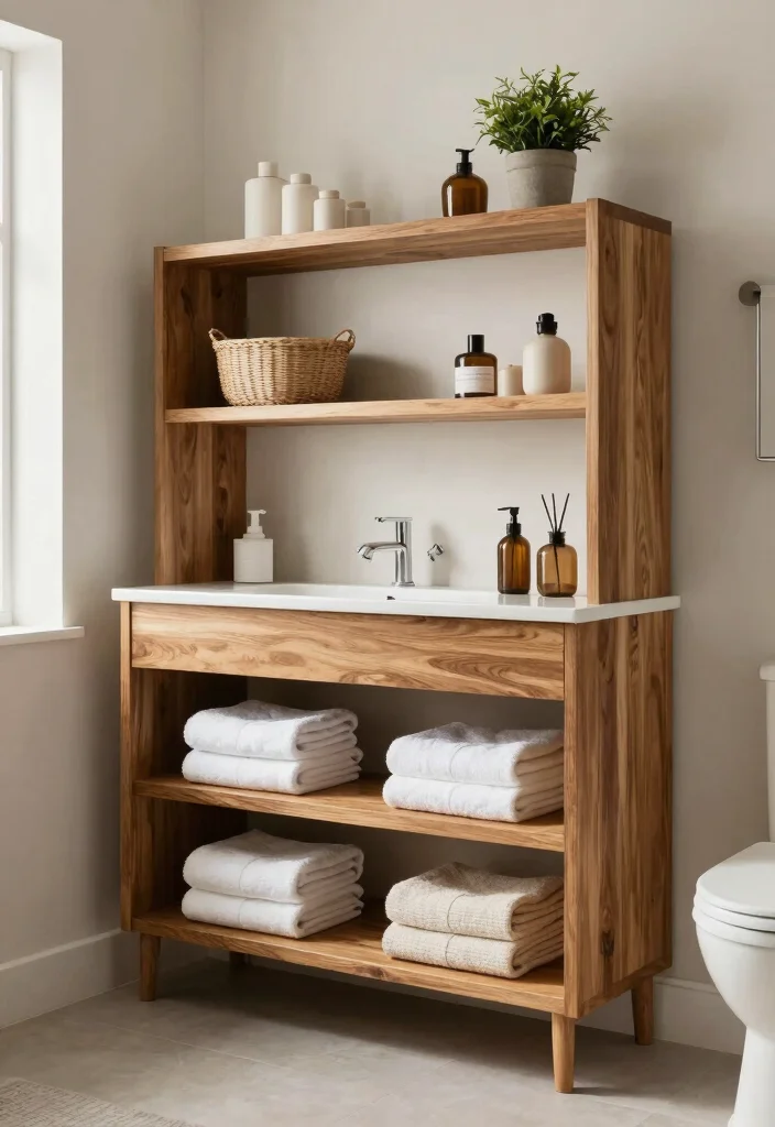 14 Teak Bathroom Vanity Ideas With Natural Texture - 12. Teak Vanities with Open Shelving 1