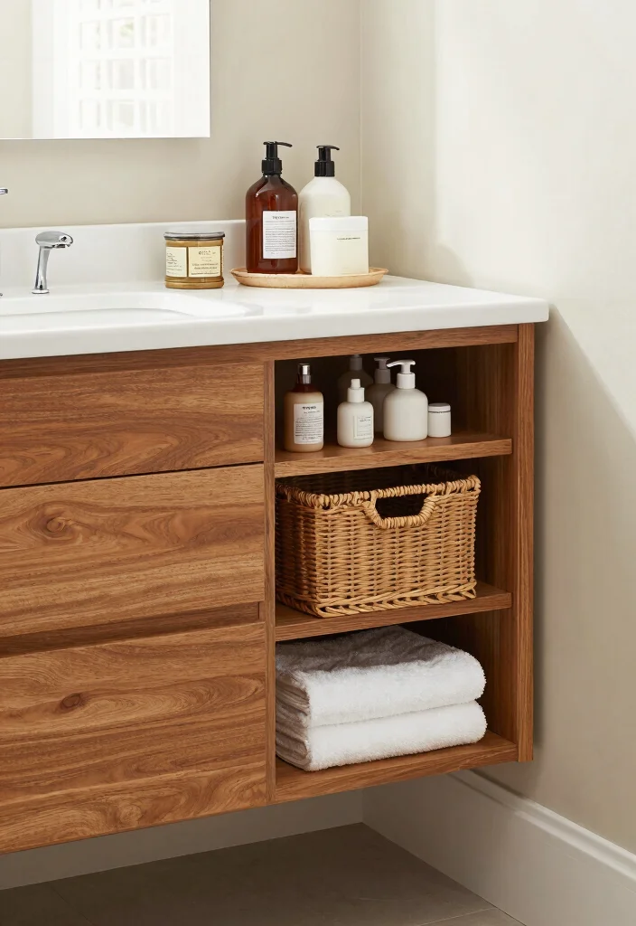 14 Teak Bathroom Vanity Ideas With Natural Texture - 5. Teak Vanity with Built-in Storage Solutions 1