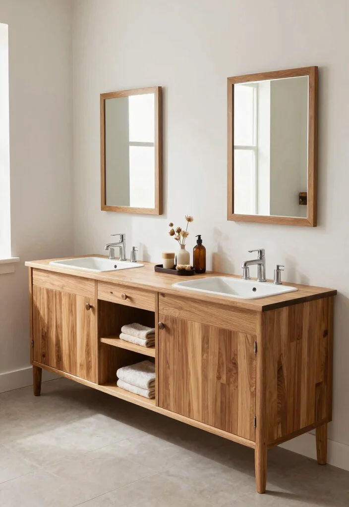 14 Teak Bathroom Vanity Ideas With Natural Texture - 6. Teak Vanities with Dual Sinks 1