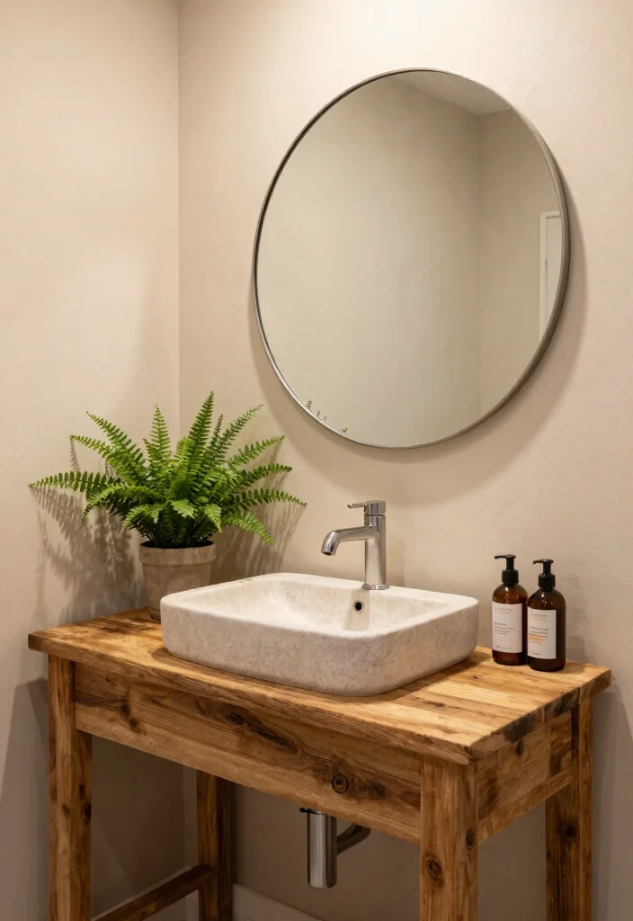 15 Bathroom Vanity And Mirror Ideas For Perfect Pairing - 1. Reclaimed Wood Vanity and Round Mirror 1