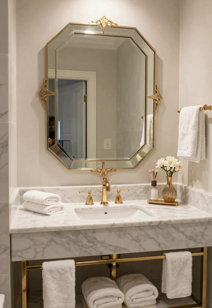 15 Bathroom Vanity And Mirror Ideas For Perfect Pairing - 14. Luxurious Marble Vanity with Decorative Mirror 1