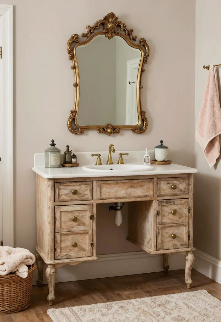 15 Bathroom Vanity And Mirror Ideas For Perfect Pairing - 3. Vintage Style Vanity with Ornate Mirror 1