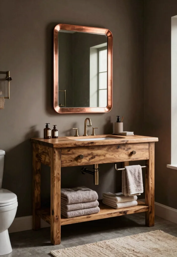15 Bathroom Vanity And Mirror Ideas For Perfect Pairing - 9. Rustic Vanity with Copper Mirror 1