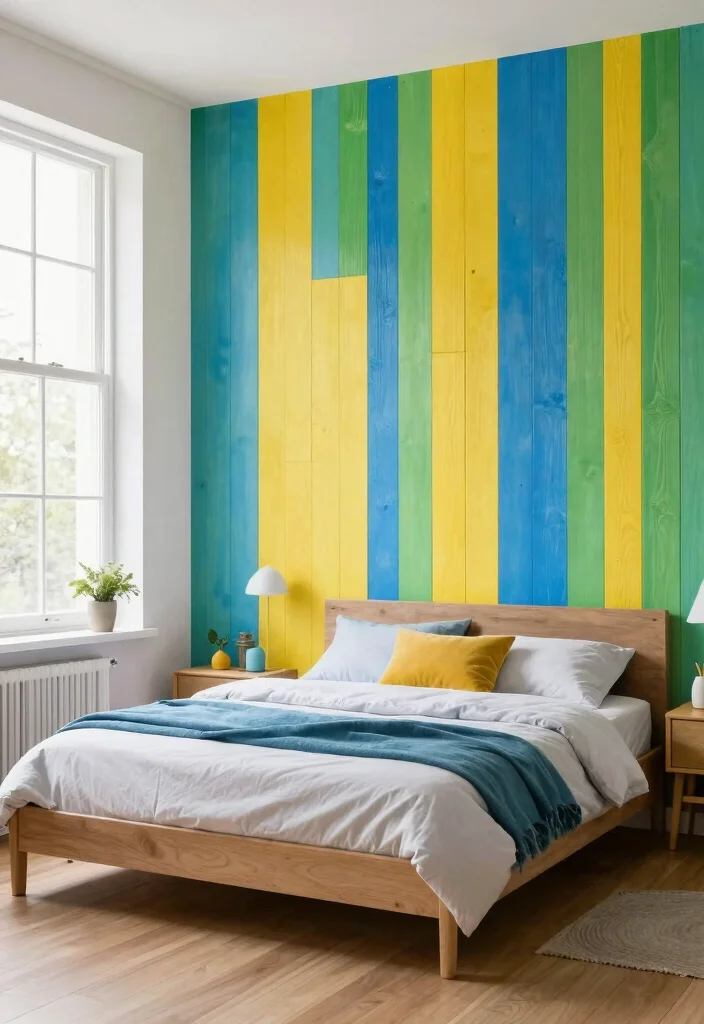 15 Bedroom Accent Wall With Window Ideas: Bright Focal Design - 11. Colorful Paneling 1