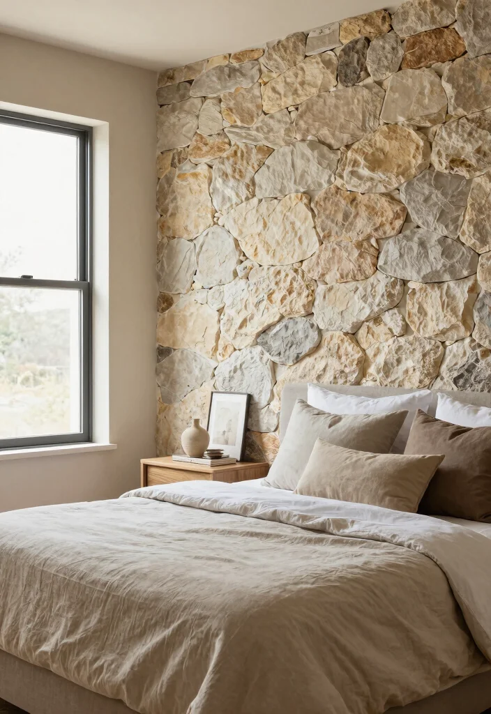 15 Bedroom Accent Wall With Window Ideas: Bright Focal Design - 12. Earthy Stone Accent 1
