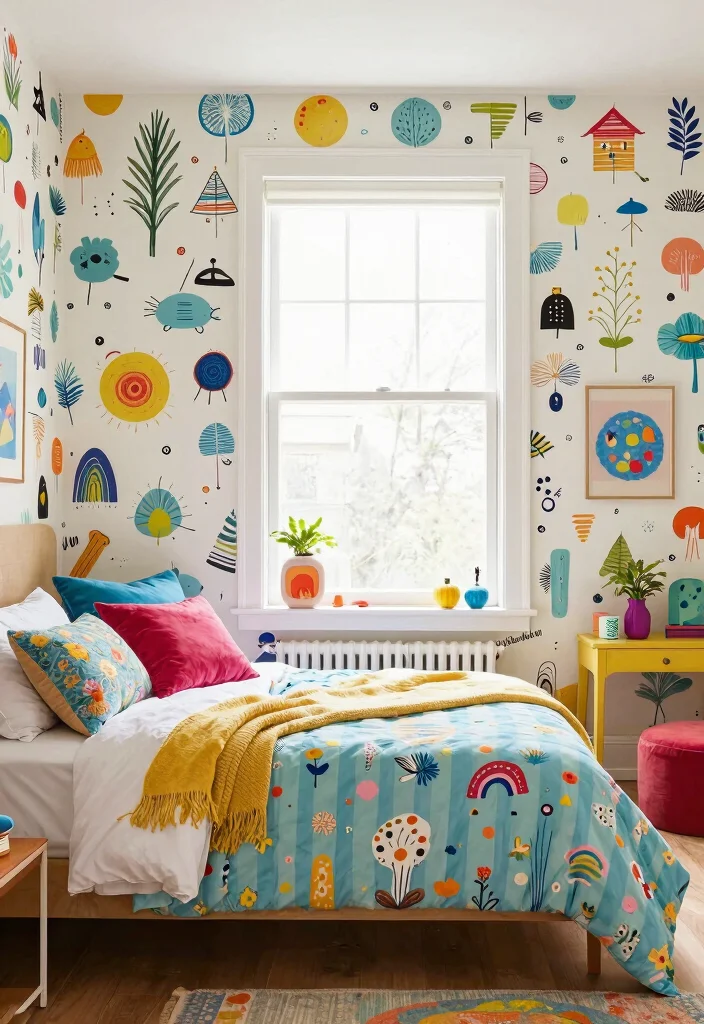15 Bedroom Accent Wall With Window Ideas: Bright Focal Design - 15. Whimsical Wallpaper 1