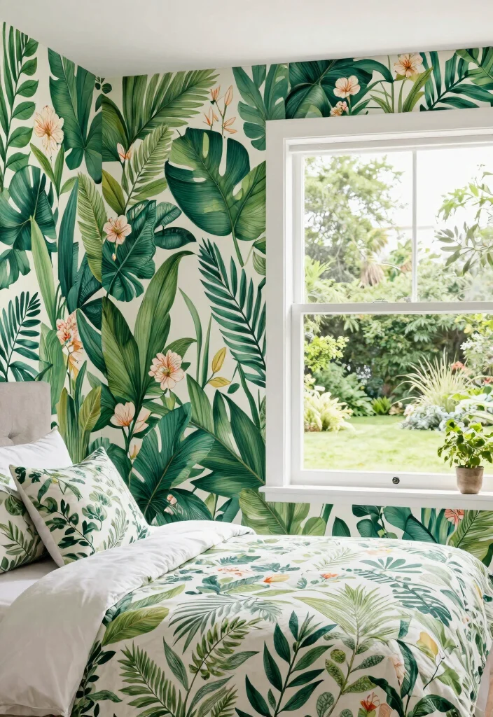 15 Bedroom Accent Wall With Window Ideas: Bright Focal Design - 2. Botanical Bliss 1