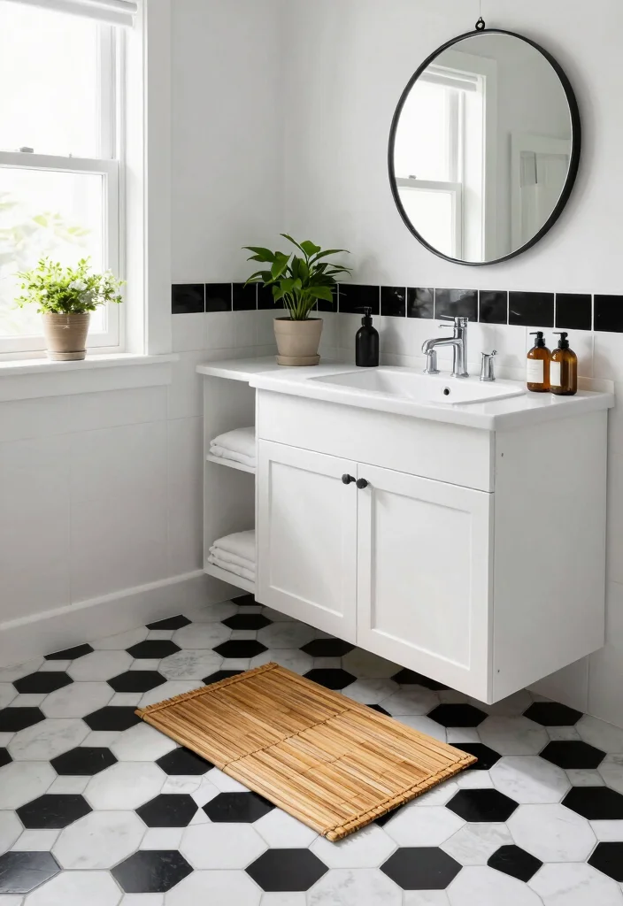 15 Black Hexagon Tile Bathroom Ideas With Bold Pattern - 1. Bold Black & White Contrast 1