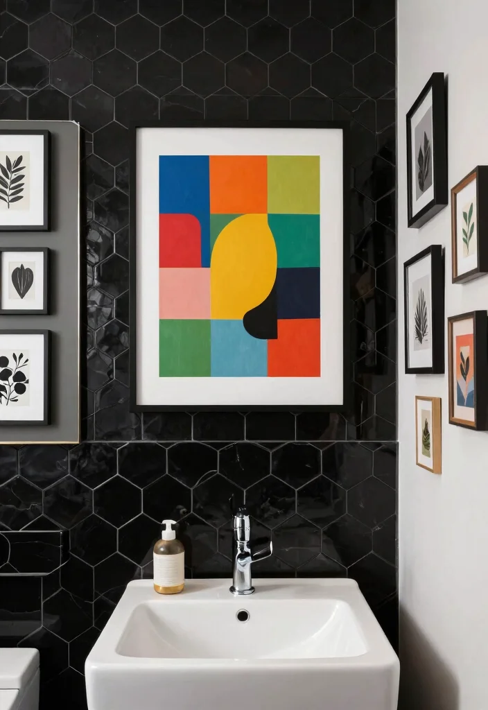 15 Black Hexagon Tile Bathroom Ideas With Bold Pattern - 10. Artistic Wall Art 1