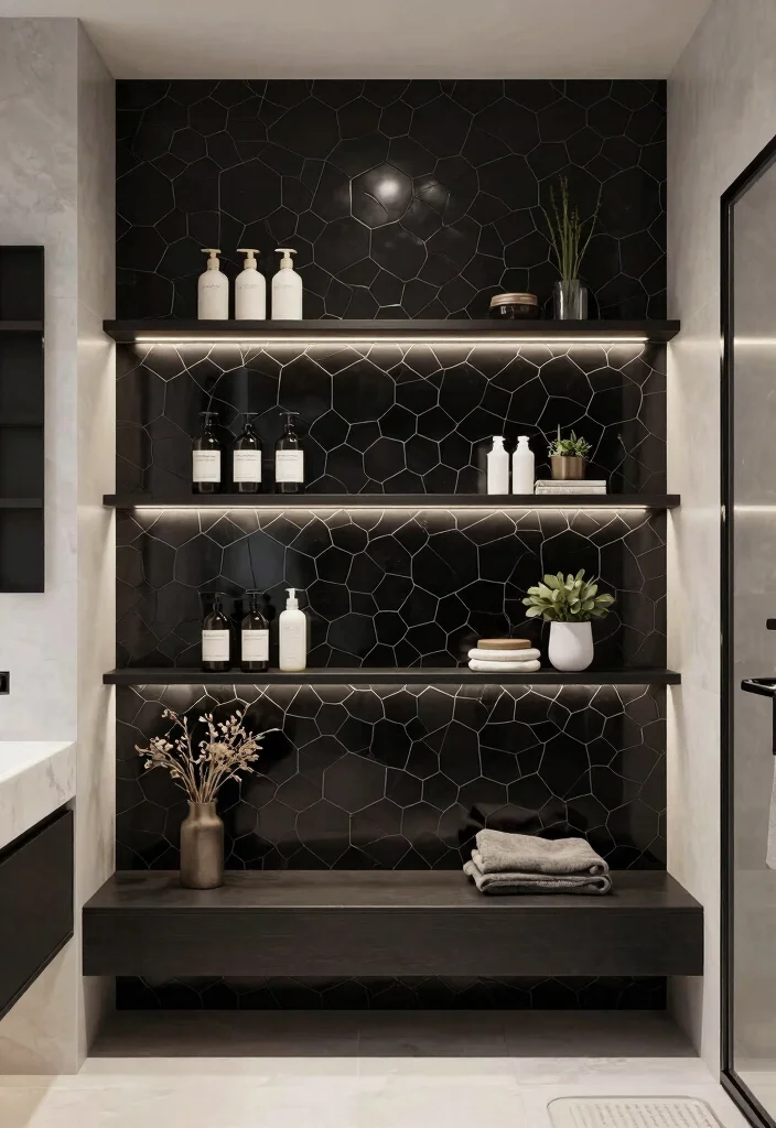 15 Black Hexagon Tile Bathroom Ideas With Bold Pattern - 11. Function Meets Style with Built-in Features 1