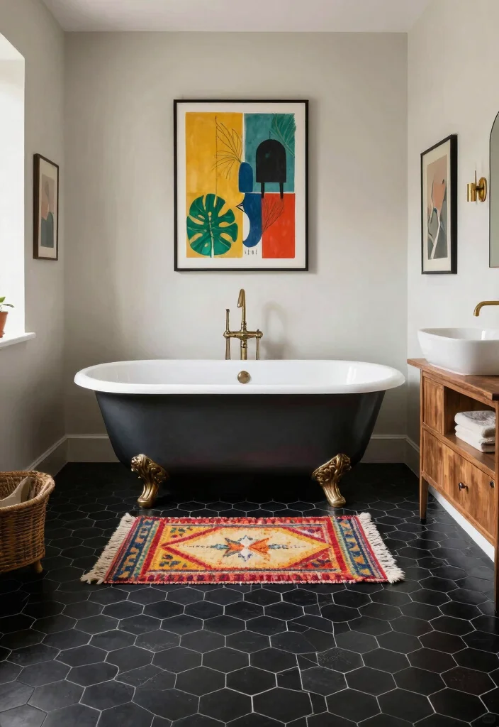 15 Black Hexagon Tile Bathroom Ideas With Bold Pattern - 14. Eclectic Mix of Styles 1