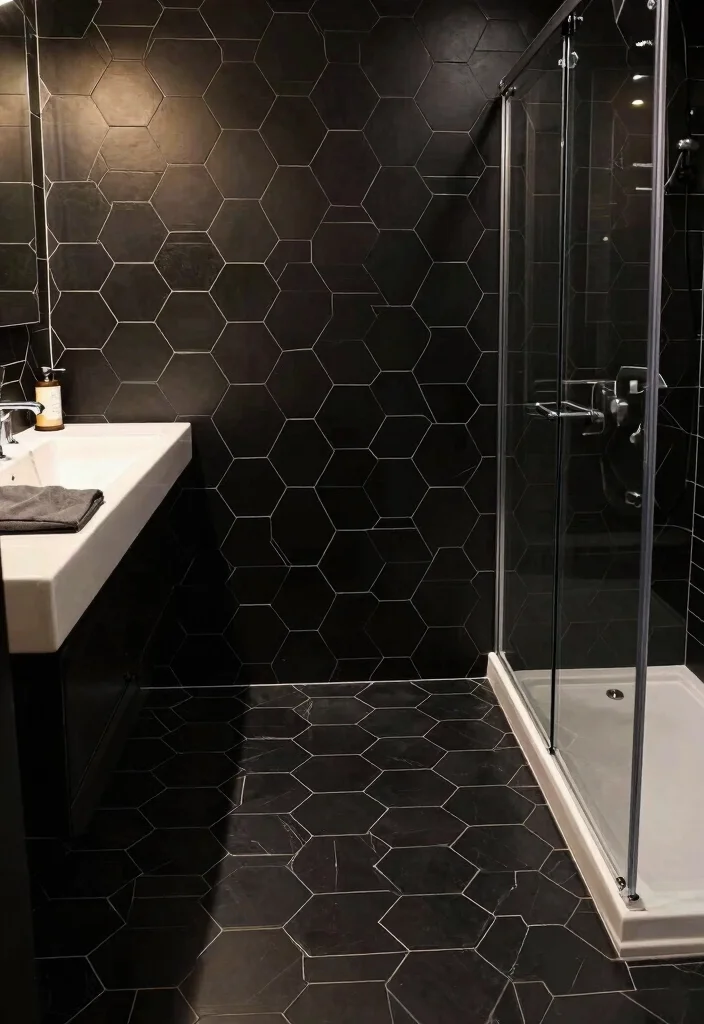 15 Black Hexagon Tile Bathroom Ideas With Bold Pattern - 2. Geometric Patterns for Drama 1