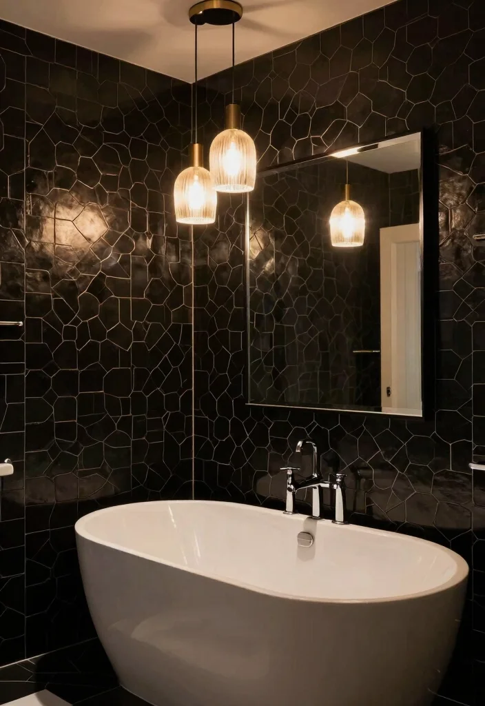 15 Black Hexagon Tile Bathroom Ideas With Bold Pattern - 5. Statement Lighting 1