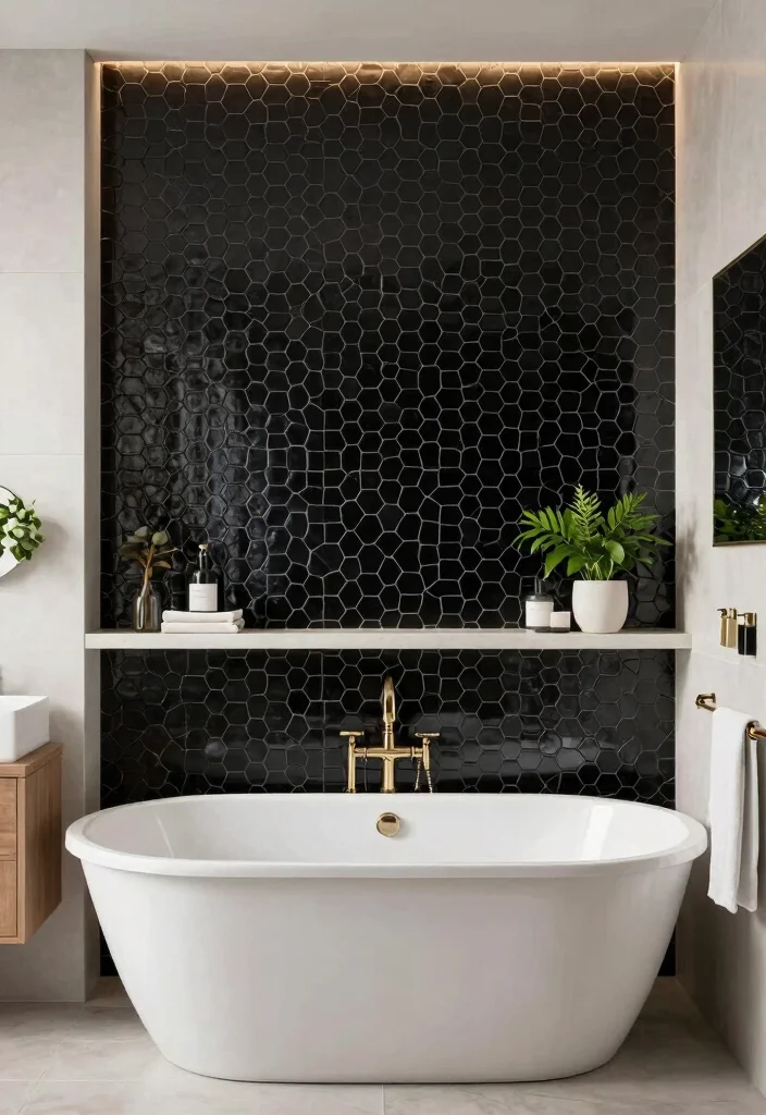 15 Black Hexagon Tile Bathroom Ideas With Bold Pattern - 6. Creative Accent Walls 1