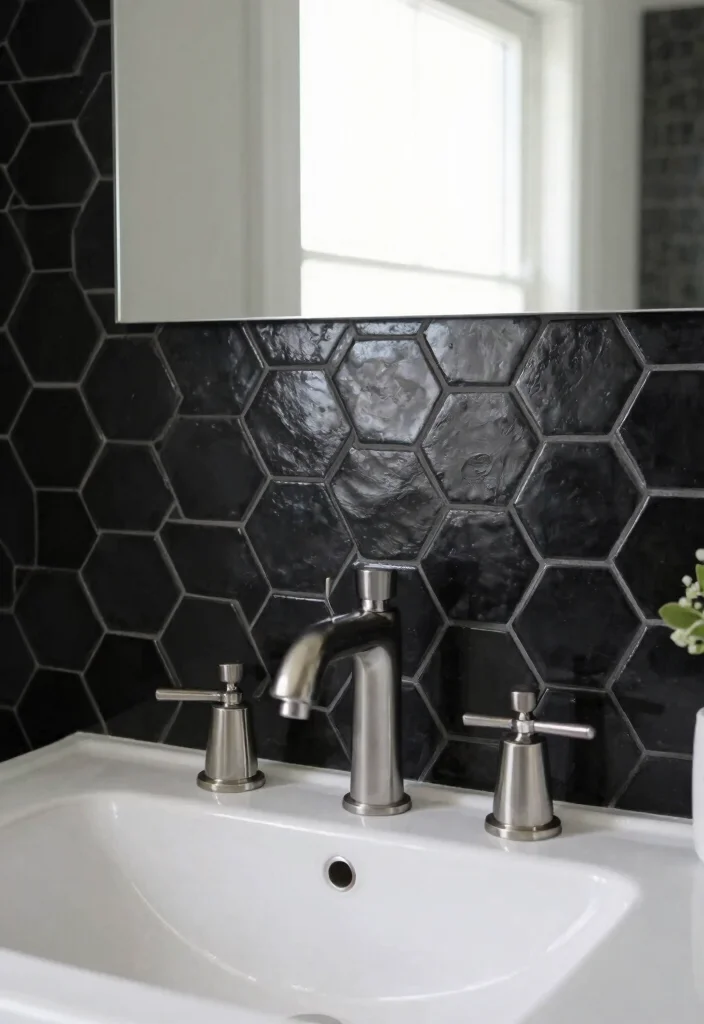 15 Black Hexagon Tile Bathroom Ideas With Bold Pattern - 7. Black Hexagon Tile Backsplash 1