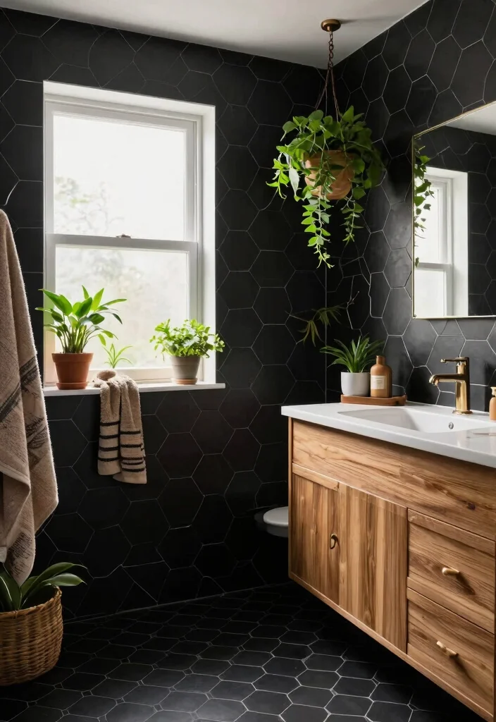 15 Black Hexagon Tile Bathroom Ideas With Bold Pattern - 8. Incorporating Natural Elements 1