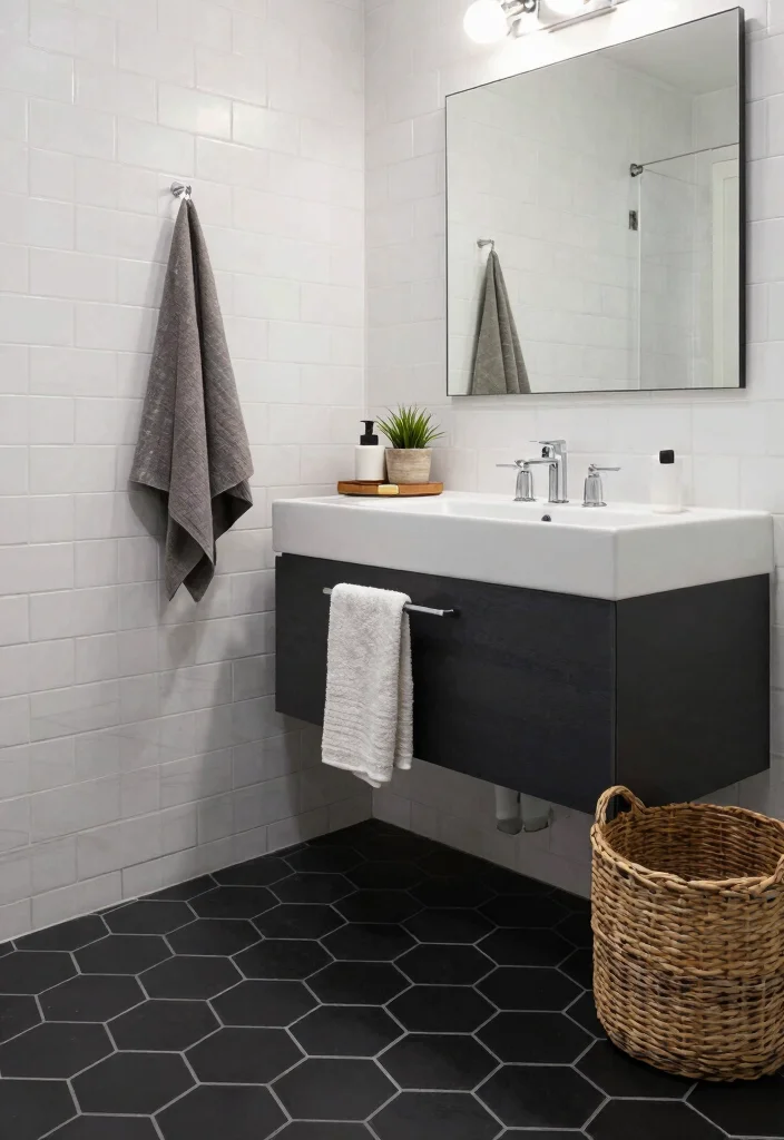 15 Black Hexagon Tile Bathroom Ideas With Bold Pattern - 9. Mixing Textures with Patterns 1