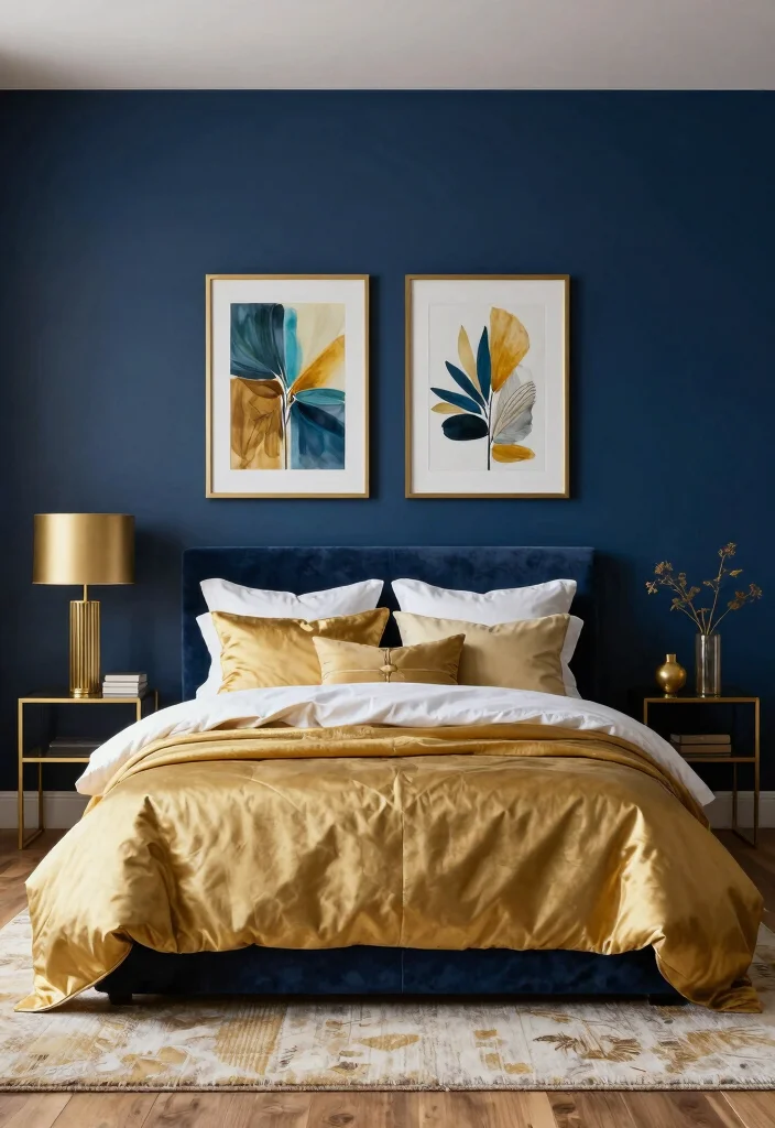 15 Blue and Gold Bedroom Ideas: Rich Elegant Contrast - 1. Navy Blue Accent Walls 1