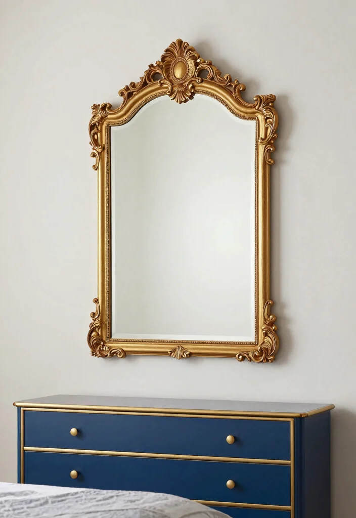 15 Blue and Gold Bedroom Ideas: Rich Elegant Contrast - 10. Gold Accented Mirrors 1