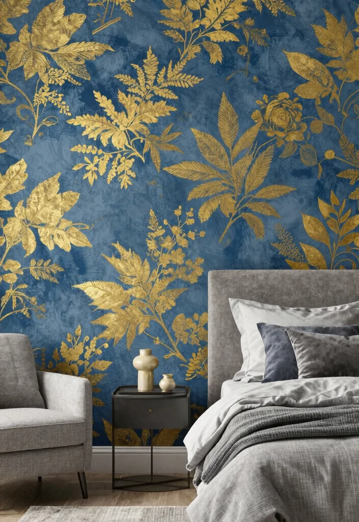 15 Blue and Gold Bedroom Ideas: Rich Elegant Contrast - 11. Artistic Wallpaper Designs 1