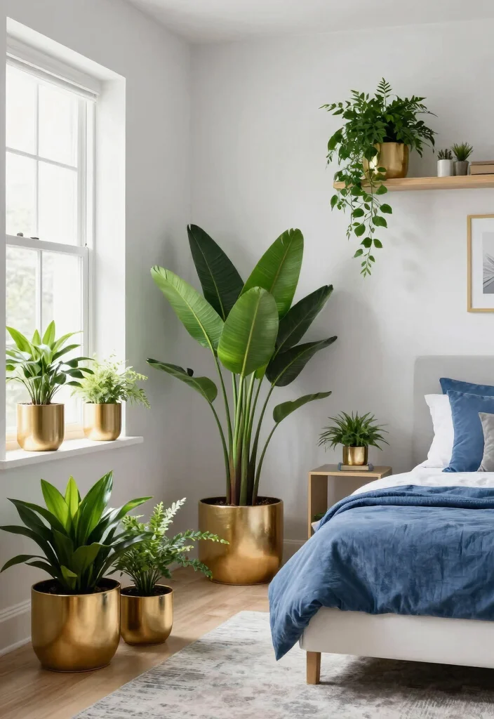 15 Blue and Gold Bedroom Ideas: Rich Elegant Contrast - 14. Incorporating Plants 1