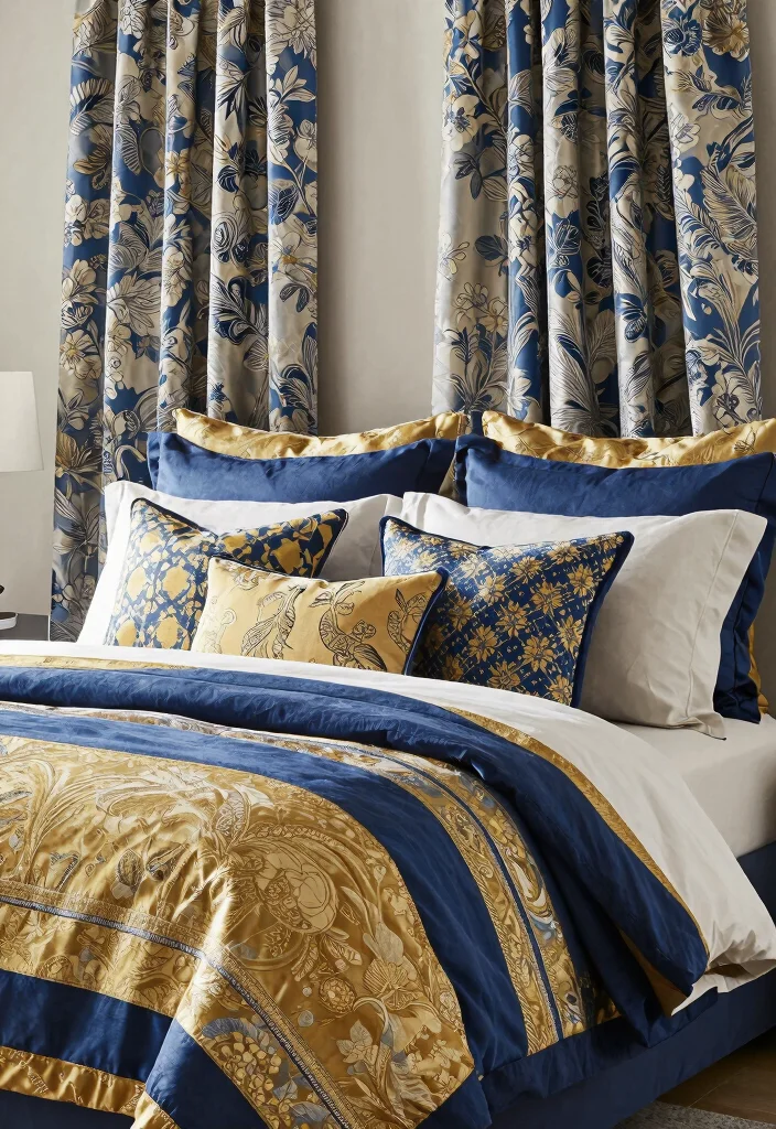 15 Blue and Gold Bedroom Ideas: Rich Elegant Contrast - 15. Mix and Match Patterns 1