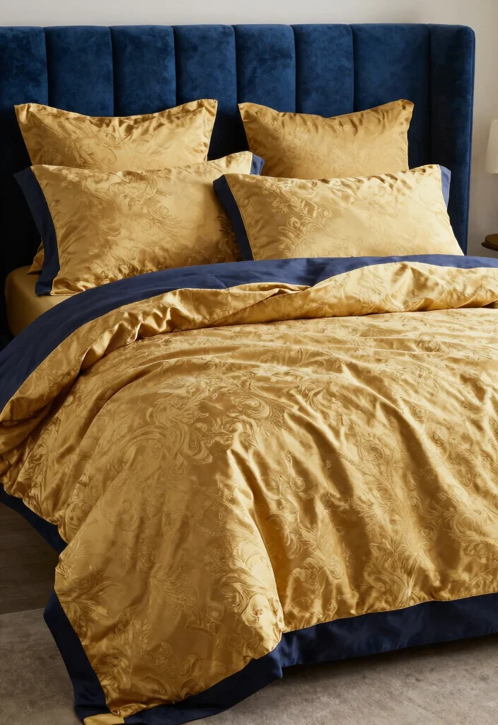 15 Blue and Gold Bedroom Ideas: Rich Elegant Contrast - 2. Luxurious Gold Bedding 1