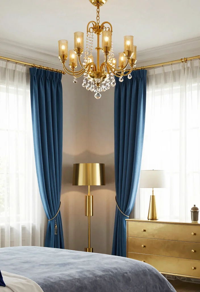 15 Blue and Gold Bedroom Ideas: Rich Elegant Contrast - 3. Elegant Gold Fixtures 1