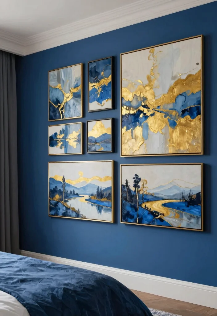 15 Blue and Gold Bedroom Ideas: Rich Elegant Contrast - 4. Blue and Gold Art Pieces 1