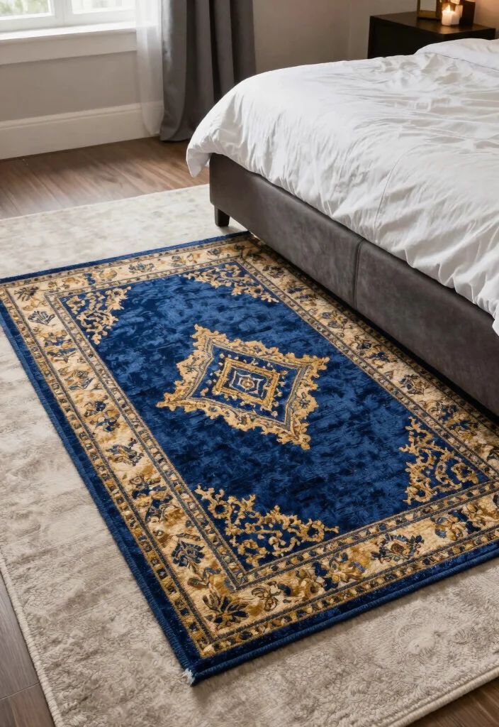 15 Blue and Gold Bedroom Ideas: Rich Elegant Contrast - 6. Layered Rugs 1