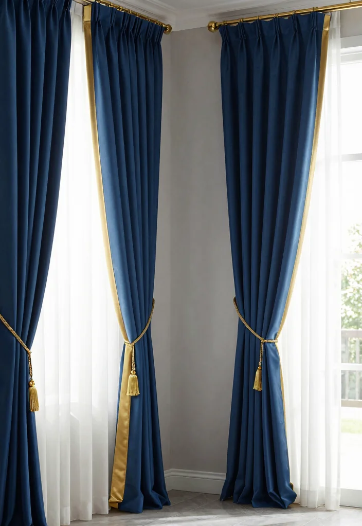 15 Blue and Gold Bedroom Ideas: Rich Elegant Contrast - 8. Dramatic Window Treatments 1