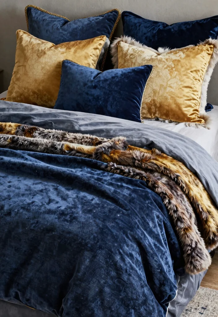 15 Blue and Gold Bedroom Ideas: Rich Elegant Contrast - 9. Luxurious Throws and Pillows 1