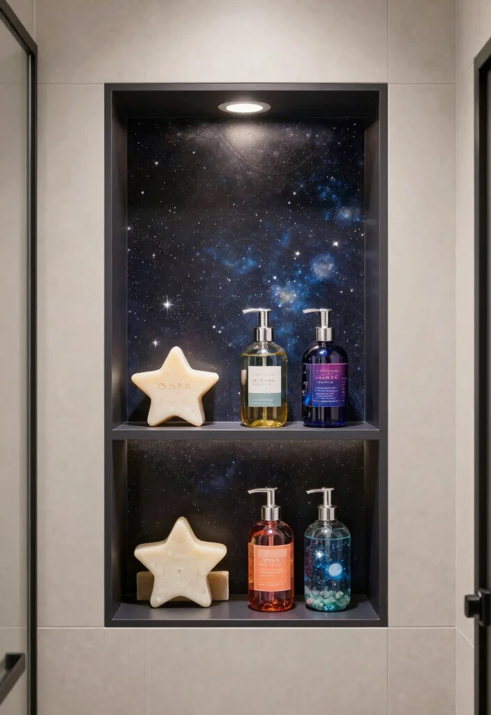 15 Celestial Bathroom Ideas With Dreamy Skies - 14. Shower Niche with Celestial Vibes 1