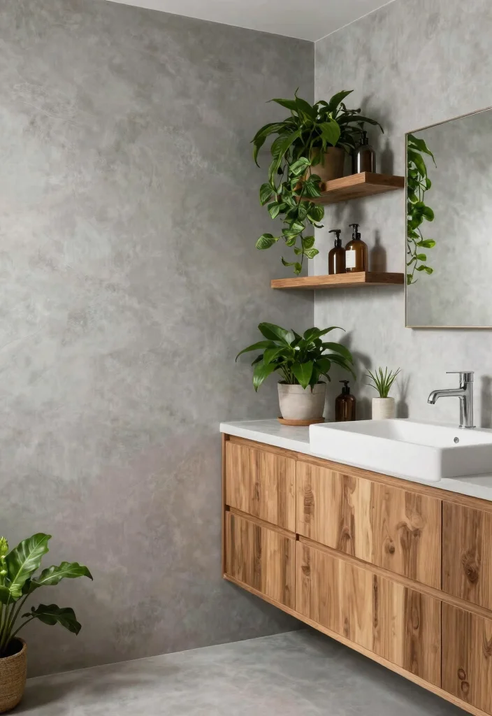 15 Microcement Bathroom Ideas With Seamless Finish - 8. Microcement and Wood Harmony 1