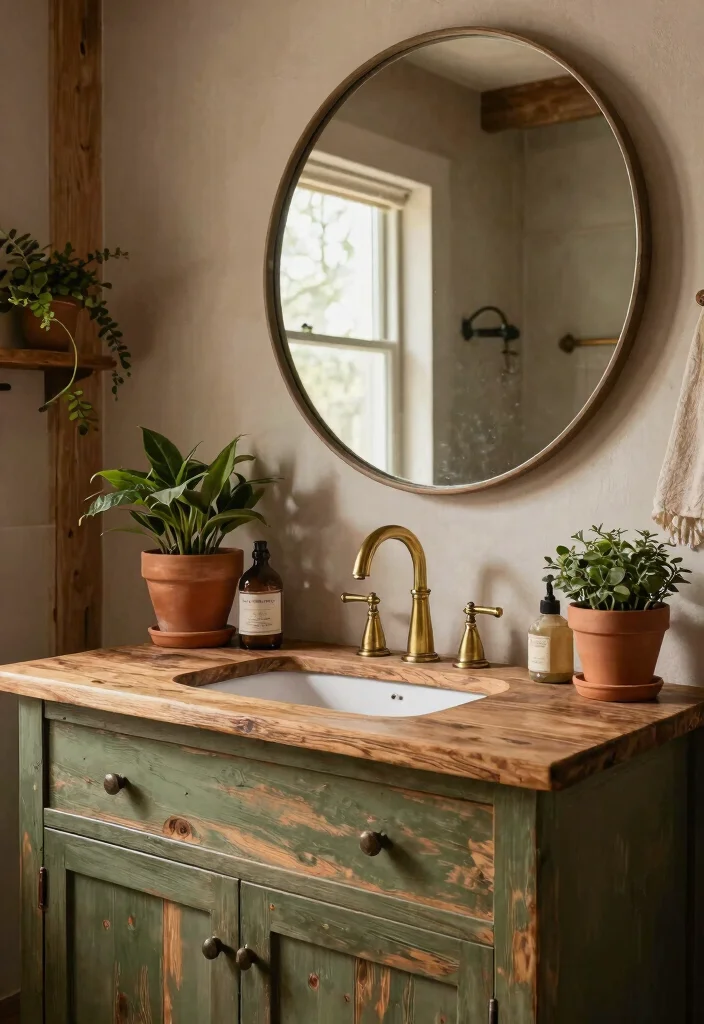 15 Olive Green Bathroom Vanity Ideas With Fresh Warm Style - 1. Rustic Reclaimed Wood Vanity 1