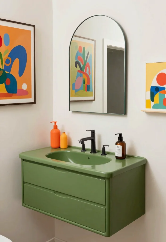 15 Olive Green Bathroom Vanity Ideas With Fresh Warm Style - 11. Artistic Statement 1