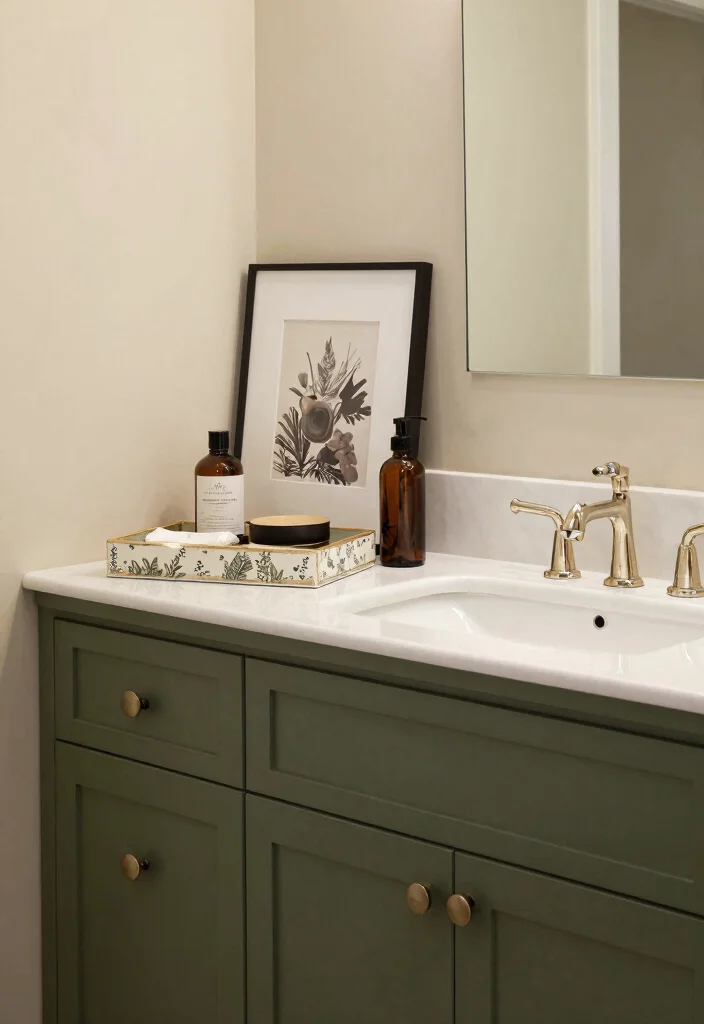 15 Olive Green Bathroom Vanity Ideas With Fresh Warm Style - 13. Personalized Touch 1