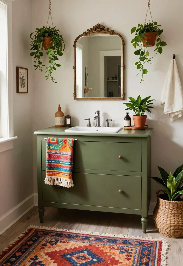 15 Olive Green Bathroom Vanity Ideas With Fresh Warm Style - 3. Bohemian Chic Vibes 1