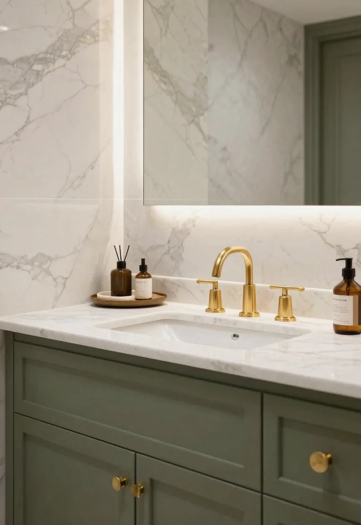 15 Olive Green Bathroom Vanity Ideas With Fresh Warm Style - 4. Elegant Marble Accents 1