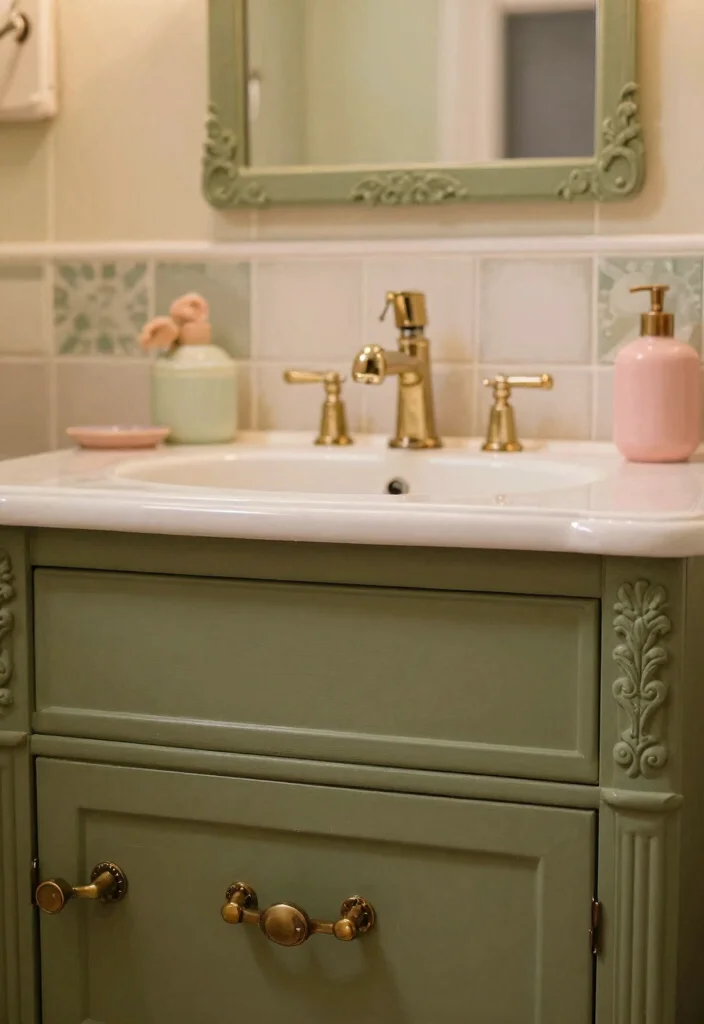 15 Olive Green Bathroom Vanity Ideas With Fresh Warm Style - 6. Vintage Revival 1