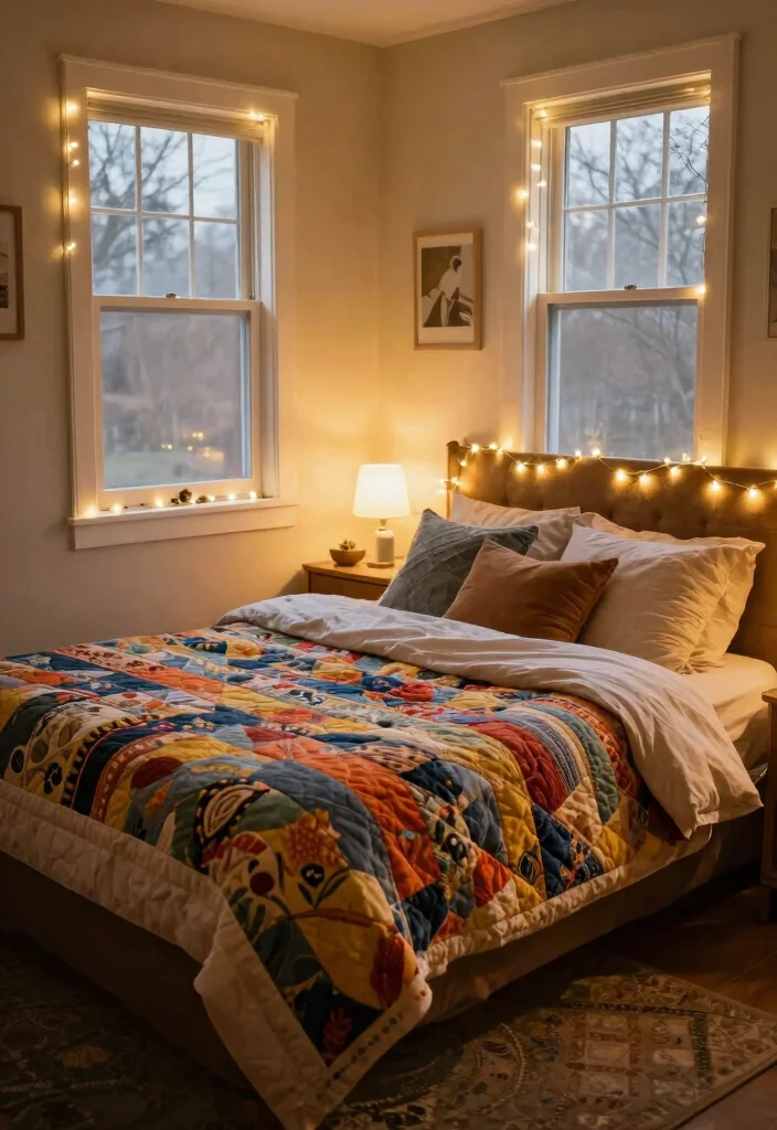 15 Quilt Bedroom Decor Ideas for Cozy Layered Charm - 14. Use String Lights for Atmosphere 1