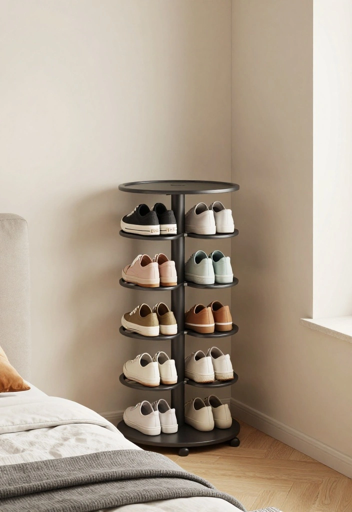 15 Shoe Display Ideas for Bedroom Organized Stylish Storage - 15. Rotating Shoe Racks for Compact Spaces 1