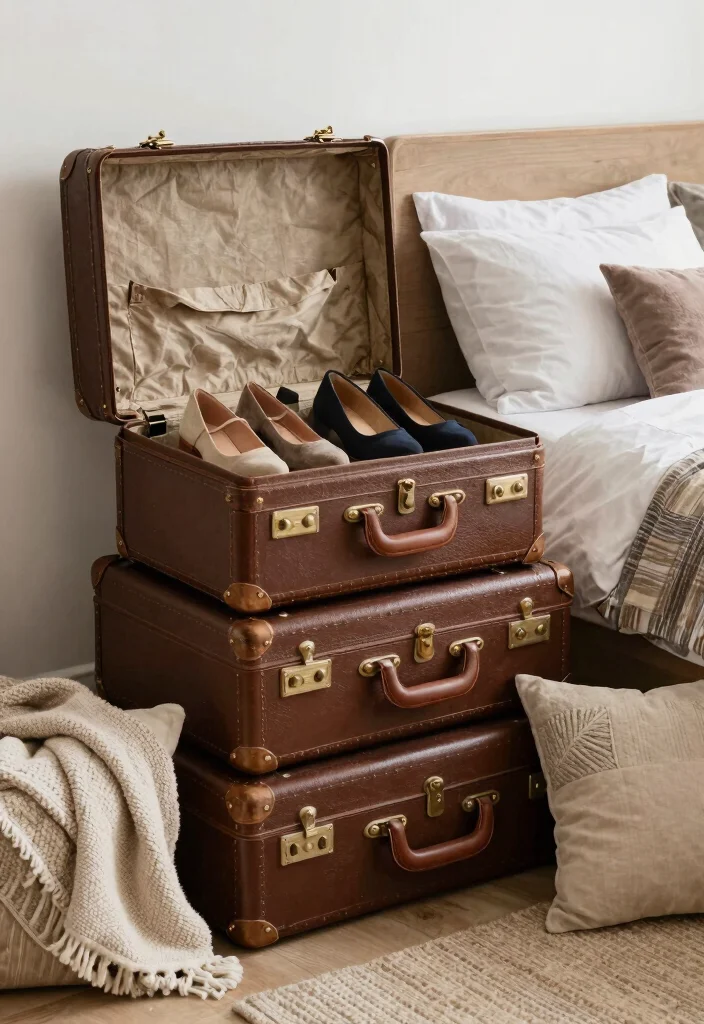 15 Shoe Display Ideas for Bedroom Organized Stylish Storage - 7. Vintage Suitcases as Unique Storage 1