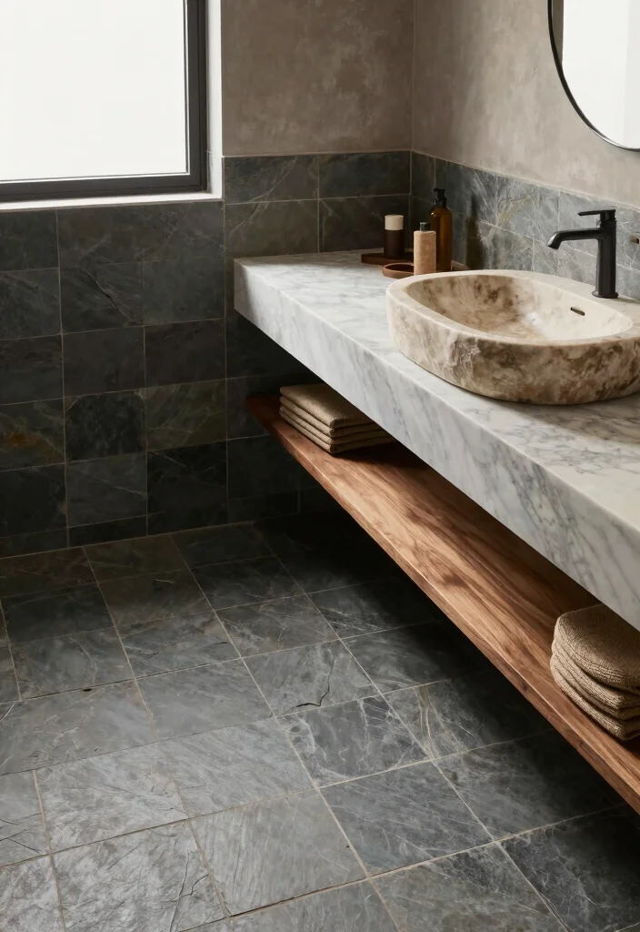 15 Slate Tile Bathroom Ideas For Natural Elegance - 6. Slate Tile with Natural Stone Features 1